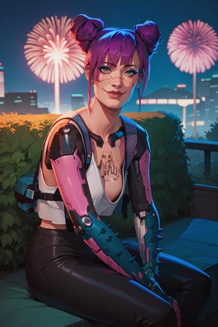 CyberRitaMoxBouncer, 1girl, purple hair, hair buns, tattoo