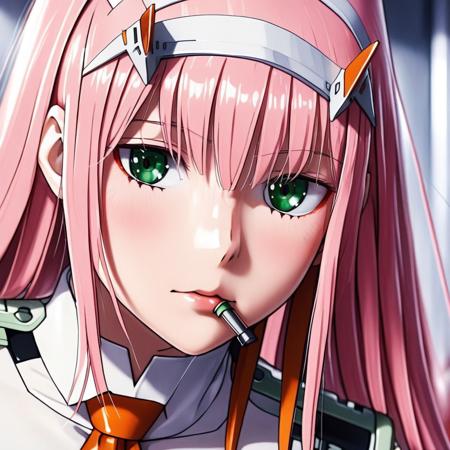 1girl, solo, zero_two_\(darling_in_the_franxx\), pink_hair, horns, hairband, white_hairband, green_eyes,bangs, uniform, shiny_hair, orange_necktie, hyper realistic, portrait, 4k, high detail, gorgeous, natural lighting, cinematic, vivid colors