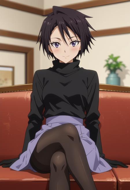 SakaguchiHinata short hair, black hair, purple eyes white coat, turtleneck shirt, black shirt, breastplate, black gloves, belt, purple skirt, black pantyhose