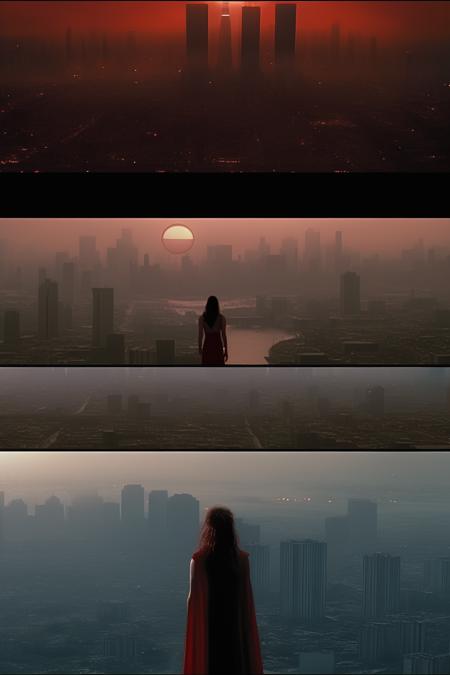 <lora:Director Darren Aronofsky style:1>Director Darren Aronofsky style - 8B. A futuristic city skyline shrouded in a hazy, crimson-tinted mist as The Eclipse's plan reaches its peak.  as Marvel's Elektra in year 2005, Kirsten Prout in 2005, and  in 2005 confront The Eclipse in a final, desperate attempt to prevent the world from plunging into darkness. The shot combines the dystopian elements with the characters' unwavering determination, creating a visually striking and emotionally charged moment of reckoning. Camera: Wide aerial shot, showcasing the towering buildings and the ominous atmosphere, while focusing on the intense confrontation between the characters at the center. directed in the style of