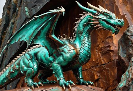 Patina Dragon: Copper Giant with Metal Skin
Concept: patina metal skin, pms style, dragon, creature, copper, verdigris, texture, glistening, artistic grit, weathered metal, sleek, polished, bold.
Core Elements: dragon figure, body/scales transformed into metal, copper and verdigris textures, subtle glow.
Atmosphere/Mood: majestic, robust, elegant, gritty, timeless, powerful, ancient.
Setting Details: a colossal dragon, its entire form rendered in metal, rests atop an ancient, weathered mountain peak. No human presence.
Central Figure Details: dragon. Its scales appear as hammered copper, streaked with vibrant verdigris patina. Wings, vast and metallic, catch the light. Eyes, subtle polished metal. Glistens with artistic grit, embodying weathered elegance, unyieldingly bold, a creature of metal skin.
Lighting: soft, ambient light, highlighting textures. Subtle glints off polished surfaces. Emphasizes metallic sheen, depth of patina.
Composition: landscape, majestic stance, central focus on the dragon. Shows intricate metallic details.
Color Palette: dominant coppery browns, vibrant greens of verdigris. Accents of polished brass, dark shadows. Rich, earthy, metallic.
Quality: patina metal skin, pms style, photorealistic, ultra detailed, artistic, visually striking, hyperrealistic, weathered metal.