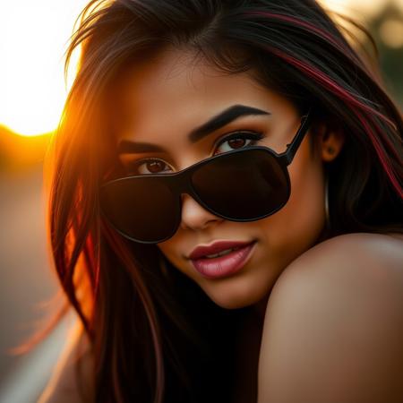 woman portrait,20yo, mulatto latino appearance, sport bike sunglasses, black and red long hair style, background blurred, sunset in the background, sunny day