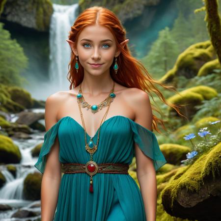 <lora:FaeTastic:0.3> (Full body, far shot:1.3) photo of a shocked smiling 19 year old beautiful (Norwegian elf woman with Blue eyes and tan skin:1.3), Medium flowing (red hair:1.3). She is young, slender with (small breasts:1.3), fae (elven ears:1.5), (closed mouth:1.3), (small symmetric nose:1.3), big beautiful eyes, full lips, Full eyebrows, (perfect hands), glossy lips, eyeliner, eyeshadow. She is wearing a teal flowing gauze dress, (gold necklace, earrings, and bracelets), (high heels). She is standing in front of a sparkling waterfall in a (magical enchanted:1.3) forest, moss and flowers in the background. (Magical fae fantasy style:1.5). Outside, morning, overcast, cinematic lighting, vibrant colors, detailed skin texture, detailed cloth texture, beautiful detailed face, intricate sharp details, ultra high res.