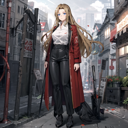 rodion an image of anime character with long blonde hair dressed in black, 1girl, solo, long hair, brown hair,  shirt, white shirt, blue eyes, full body, pants, black footwear, outdoors, city background, day, day time, ,rodion