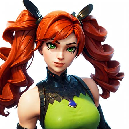 (masterpiece:1.2, best quality), FortniteStyle, 1girl, ((green eyes, long twintails, red hair)), white background, closeup <lora:Fortnitestyle-000009:0.69>