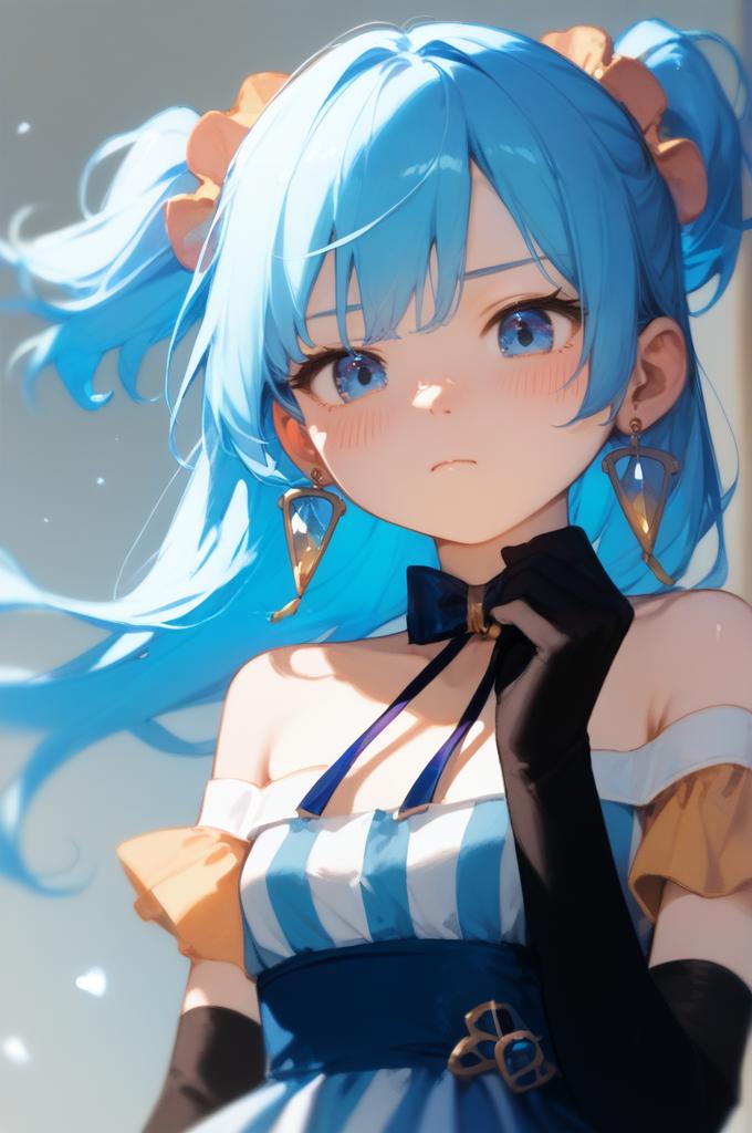 score_9_up,score_8_up,score_7_up,masterpiece,best quality,highres,absurdres,ultra-detailed,illustration,zPDXL2,close-up,1girl,looking down,blush,closed mouth,long hair,blue hair,two side up,hair ornament,earrings,blue eyes,striped dress,bow,elbow gloves,black gloves,bare shoulders,<lora:é­æ³å°å¥³å°å æ°´æ³¢ç²å¥ èªè£½:0.8>