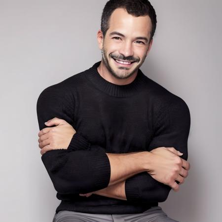 solo, looking at viewer, smile, short hair, simple background, shirt, black hair, long sleeves, 1boy, sitting, male focus, pants, grey background, grin, black eyes, sweater, black shirt, facial hair, crossed arms, beard, realistic, mustache, black sweater, Malvino Salvador, Malvinosalvador  <lora:Malvino Salvador:1>