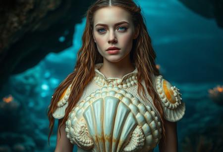 A portrait of a woman adorned with a massive, smooth seashell breastplate that covers her upper body, its surface polished to a pearly sheen. Her hair is interwoven with delicate strands of glowing seaweed. Behind her, an underwater cave is illuminated by soft, bioluminescent corals and plants.
