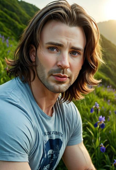 face portrait,Chris Evans a man,nature,casual T-shirts,shorts,long hair,extreme skin details,detailed irises and pupils,ultrahigh quality,high quality photography,4k textures,8k resolution,perfect hands,detailed fingers,<lora:Chris-Evans:1>,<lora:MJ52:0.1>,