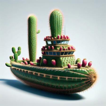 Boat, Big boat made of cactus,  tech  <lora:Prickly Pear Style v1:1>, Prickly Pear Style,