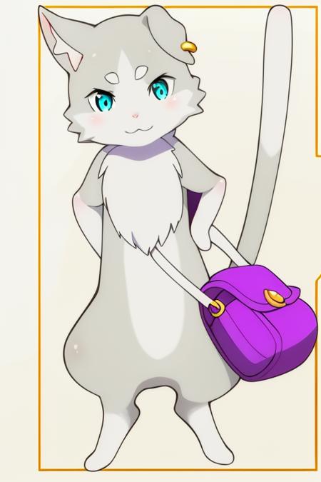 cat,Humanoid posture,cat creature,solo,aqua eyes,Long tail,grey tail,white tail,Leaf-like markings,cat ear earrings,Curly hair tuft,white cat hand,white cat feet,white eyebrows,grey cat body,