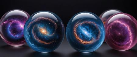 highly detailed, high quality, photo quality, detailed photo of galaxies inside glass spheres