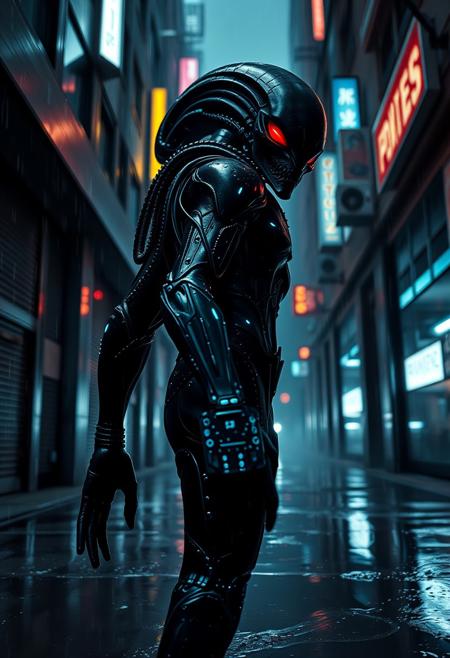 A gritty, photorealistic science fiction film style. Dark, moody ambiance with neon highlights and volumetric fog. A low-angle, medium shot of a menacing alien warrior standing in a dystopian city alleyway. The alien has bio-luminescent markings and sleek black armor with glowing blue circuitry. Rain is slicking off the armor, with puddles reflecting the city lights. The alien turns its head, revealing glowing red eyes and a snarling expression.