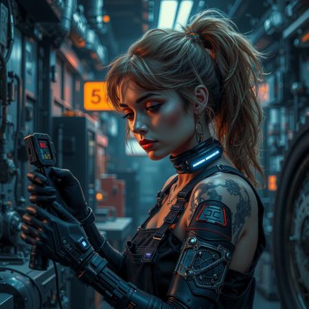 real estate photography style a cyberpunk girl with neon implants and augmented arms, working as a mechanic in a gritty cyberpunk city, blending high-tech function with street style. professional, inviting, well-lit, high-resolution, property-focused, commercial, highly detailed