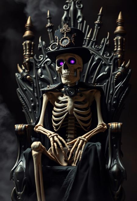 full-length view, Photography of a bored skeleton on a throne. The skeleton is dressed in a steam punk costume, he wears a steam punk top hat, and purple eyes. The mood is heroic fantasy, magical and dark with diffused smoke. The throne is made of steel. Professional photography. Highest-Quality, 4k, intricate details, visually stunning, Masterpiece