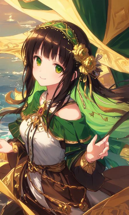 masterpiece, best quality, detailed, wallpaper, 
1girl, solo,  
long black hair,green eyes,hair accessory,
<lora:chiya_v2:0.4>,
smiling