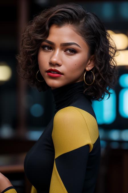 photo of extremely sexy (zend4y4-160:0.99), a woman as a sexy student, short curly hair, closeup portrait, (yellow tight long sleeve turtleneck top), at a cantina sitting bar (masterpiece:1.5) (photorealistic:1.1) (bokeh) (best quality) (detailed skin texture pores hairs:1.1) (intricate) (8k) (HDR) (wallpaper) (cinematic lighting) (sharp focus), (eyeliner), (painted lips:1.2), (makeup), (earrings)