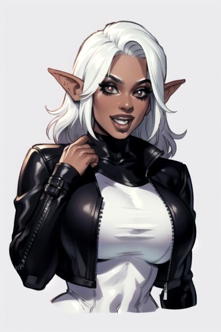 (8k, masterpiece, best quality, solo, 1girl, sfw:2.0, by Akira Raikou), (upper body, leather jacket, turtleneck, huge breasts:1.5, dark skin), looking at camera, eyelines, eyeshadows, elf ears, smile, open mouth, long white hair, simple background, <lora:Akira_Raikou_Style:1.0>