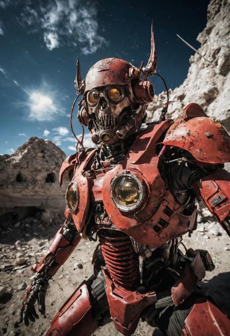 fisheye lens (fisheye view) photograph, ((Devil-Mech robotic assasin warrior on the moon)), militaristic echo image, blood splatters, emblem, echo image, sidelit, masterpiece from a different dimension, film grain, noise offset,  <lora:add-detail-xl:1>  candid photography, Getty Images quality photograph, cute and endearing photograph contrasted by violent mania , double exposure, multiple-exposure photograph, UHD, very slow shutter speed to capture motion, experimental coloured lighting, experimental angles, strong fisheye-lens/ intense fisheye-view photograph, intricately detailed, very detailed background, realisticvision-negative-embedding, realisticvision-negative-embedding, epiCRealism