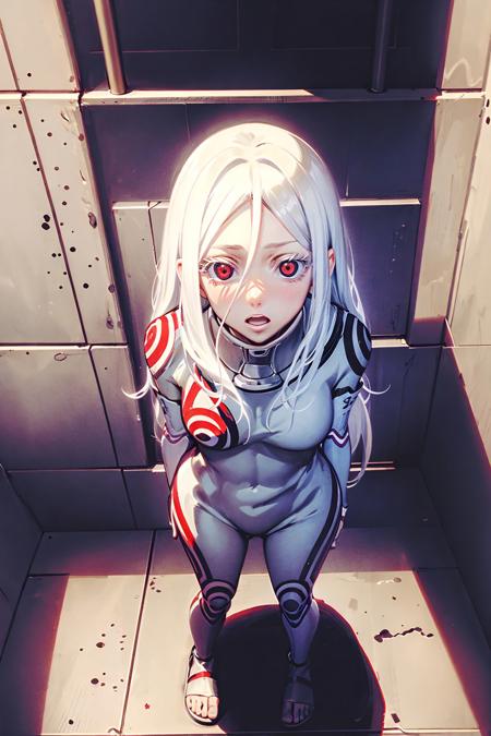 shiro /(deadman_wonderland/), sitting down on the floor, (prison bars:1.1), (inside a prison:1.3), cute, (standing:1.2), (white hair:1.2), (red eyes:1.3), crazy face, crazy eyes, pale skin, 
 <lora:shiro-dw:1>