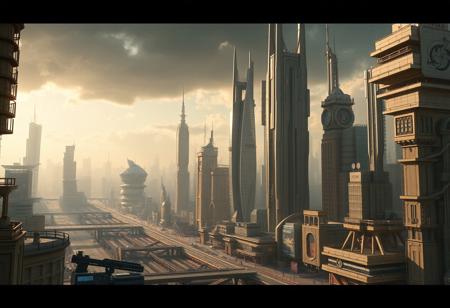 A highly detailed, photorealistic image of a near future cityscape, with a science fiction style