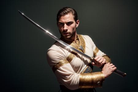 (masterpiece, high resolution, young man:1.1), (holding sword:1.2), (captivating expression:1.1), (immersive details:1.1), (captivating composition:1.1), (conveying a sense of determination and strength:1.1), (embracing the essence of bravery and valor:1.1), (captivating realism:1.1), (portraying his firm grip on the sword:1.1), (transcending boundaries:1.1), (embodying the spirit of a formidable warrior:1.1), (captivating simplicity:1.1), (timeless moment:1.1)<lora:add_detail:1.0>
Negative prompt: watermark,text, logo,contact, error, blurry, cropped, username, artist name, (worst quality, low quality:1.4),monochrome,, illustration, 3d, 2d,  painting, cartoons, sketch, (worst quality:1.9), (low quality:1.9), (normal quality:1.9), low-res, bad anatomy, bad hands, vaginas in breasts, ((monochrome)), ((grayscale)), collapsed eyeshadow, multiple eyebrows, (cropped), oversaturated, extra limb, missing limbs, deformed hands, long neck, long body, imperfect, (bad hands), signature, watermark, username, artist name, conjoined fingers, deformed fingers, ugly eyes, imperfect eyes, skewed eyes, unnatural face, unnatural body, error, bad image, bad photo,  bad-hands-5,  FastNegativeV2
Steps: 32, Sampler: DPM++ 2S a Karras, CFG scale: 7, Seed: 57053038, Size: 768x512, Model hash: ec41bd2a82, Model: photon_v1, Denoising strength: 0.5, Clip skip: 2, ENSD: 31337, ADetailer model: face_yolov8n.pt, ADetailer confidence: 0.3, ADetailer dilate/erode: 4, ADetailer mask blur: 4, ADetailer denoising strength: 0.4, ADetailer inpaint only masked: True, ADetailer inpaint padding: 32, ADetailer version: 23.7.9, ControlNet 0: "preprocessor: depth_midas, model: Depth [12c052a1], weight: 1, starting/ending: (0, 1), resize mode: Crop and Resize, pixel perfect: True, control mode: Balanced, preprocessor params: (512, 0, 0)", Hires upscale: 2, Hires steps: 10, Hires upscaler: 4x-UltraSharp