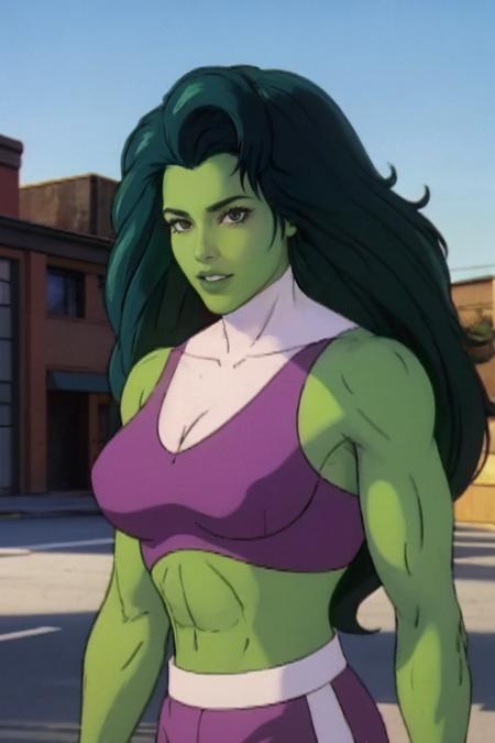 straight-on,pose,looking at viewer,solo, BREAK, CARTOON_shehulk90s_bodysuit_ownwaifu,www.ownwaifu.com,very long hair,  long hair,(green skin:1.2),colored skin,breasts,green hair,muscular,medium breasts,makeup,lips,big hair,muscular female,abs,collarbone,lipstick,large breasts,eyeshadow,navel,green eyes,midriff,cleavage,gloves,thighhighs,crop top,shorts,white gloves,        <lora:CARTOON_shehulk90s_ownwaifu-15:1>,        official art,extremely detailed CG unity 8k wallpaper, perfect lighting,Colorful, Bright_Front_face_Lighting,shiny skin, (masterpiece:1.0),(best_quality:1.0), ultra high res,4K,ultra-detailed, photography, 8K, HDR, highres, (absurdres:1.2), Kodak portra 400, film grain, blurry background, (bokeh:1.2), lens flare, (vibrant_color:1.2),professional photograph, (beautiful_face:1.5),