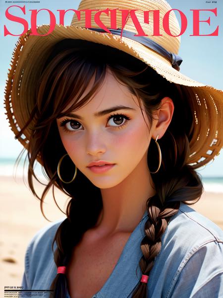 Realistic photo of a beautiful 3ll3m woman,1girl,solo,long hair,brown hair,hat,brown eyes,jewelry,braid,earrings,parted lips,black eyes,lips,single braid,cover,cover page,portrait,realistic,straw hat,magazine cover,soft lighting, professional Photography, Photorealistic, detailed, RAW, analog, sharp focus, 8k, HD, high quality, masterpiece<lora:3ll3m:1.0>