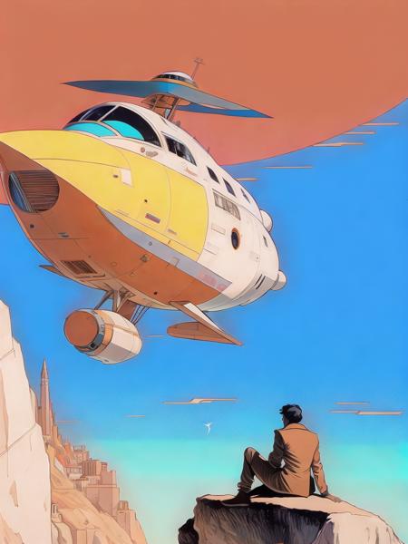 <lora:MoebiusJeanGiraud:1>a painting of a person sitting on a cliff with a spaceship in the background by Moebius Jean Giraud