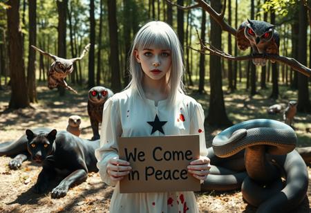 In a sunlit forest clearing, a pale girl with silver-white hair stands quietly. Her white blouse, stained with dark red splotches, contrasts sharply with her ghostly complexion. A simple black five-pointed star adorns her chest, adding an eerie touch to the bright setting. Her eyes, though glowing with a subtle crimson light, are softened by the sun’s glare.
Surrounding her in a bizarre, surreal arrangement are twelve wild animals. A sleek black panther lounges nearby, its fur gleaming under the sunlight, its eyes reflecting a curious red hue. Two owls, perched on sunlit branches, blink their glowing red eyes as they survey the scene. A large snake, with iridescent blue-black scales, rests coiled on a tree branch, its gaze both calm and alert.
In her hands, the girl holds a weathered cardboard sign reading, ‘We Come in Peace.’ The bright forest floor is dappled with sunlight, casting clear, shifting shadows that create a surreal contrast to the otherwise peaceful, sunny environment