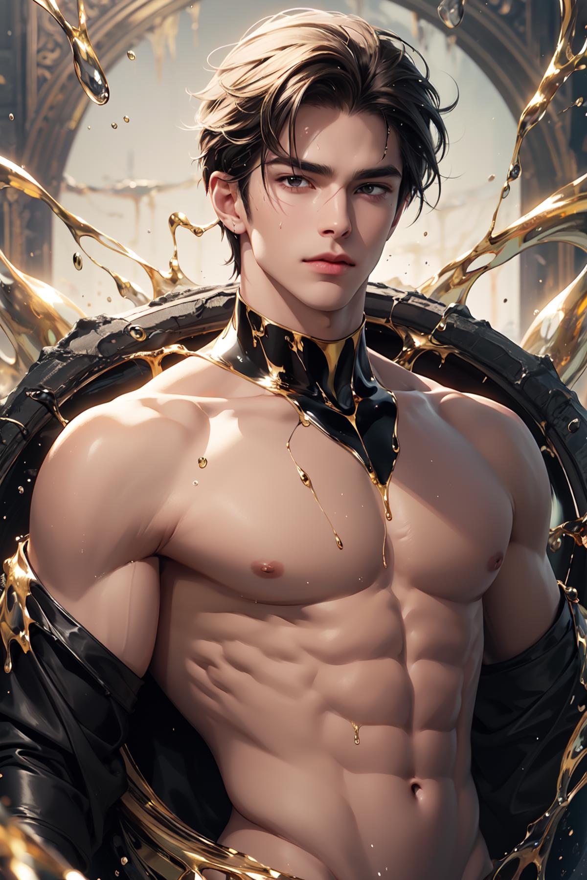 A shirtless male anime character with gold colored drips on his arm and chest.
