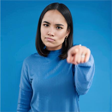 solo, 1girl, earrings, blue background, jewelry, looking at viewer, sweater, black hair, shirt, realistic, upper body, simple background, long sleeves, medium hair, brown eyes <lora:Accuse:1>