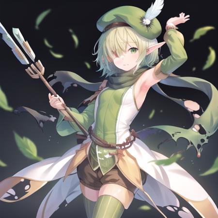 (masterpiece, best quality:1.2),illustration,8k,hd,1girl,green scarf,pointy ears,elf,hat feather,two-tone shirt,torn scarf,green shirt,detached sleeves,shirt,scarf,solo,holding,hair over one eye,green eyes,white shirt,hat,sleeveless shirt,green sleeves,short hair,green headwear,bow \(weapon\),sleeveless,holding bow \(weapon\),shorts,beret,green hair,thighhighs,weapon,armpits,holding weapon,green thighhighs,striped thighhighs,looking at viewer,vertical-striped thighhighs,arrow \(projectile\),green shorts,small breasts,quiver,feathers,<lora:Futaba Aoi-V0.5:0.7>,