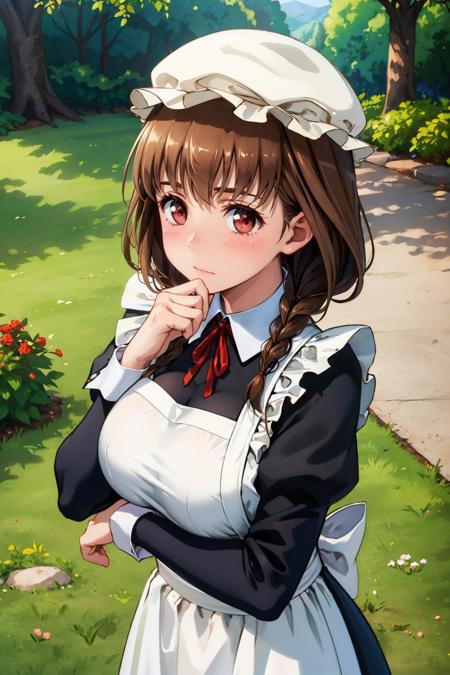 masterpiece, best quality,  <lora:maidane-nvwls-v1-000009:0.8> maidane, twin braids, hat, maid uniform, black dress, long sleeves, apron, large breasts, from above, blush, embarrassed, forest, hand up