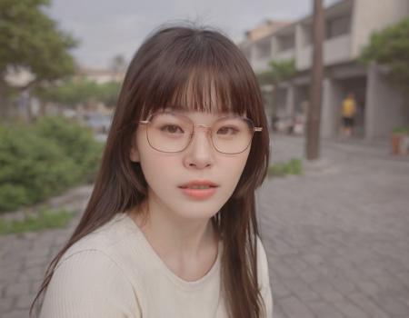 (best quality:1.4), (ultra highres:1.2), (photorealistic:1.4), (8k, RAW photo:1.2),(portrait shot:1.3), pinomyim, 1girl, solo, looking at viewer, bangs, brown hair, upper body, outdoors, blurry background, realistic, glasses, round eyewear, ponytail, realistic, long hair, Perfect Hands,   <lora:closemouth:0.75>,