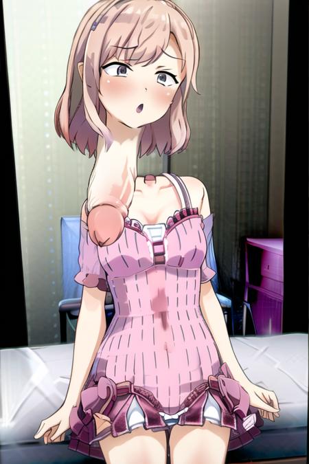 (masterpiece:1.2), (best quality:1.2), illustration, (bedroom:1.4), 1girl, surprised, (blush:1.2), penis, (dickneck:1.4), (dress:1.4), pink hair, shiny hair, dynamic angle, <lora:dickneckV1:1>, dutch angle,  multiple girls,  <lora:atelierGONSStyle_atgonsfinal:0.8>