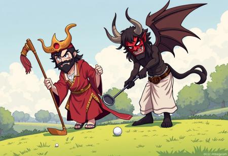 God and satan playing golf
Anime style