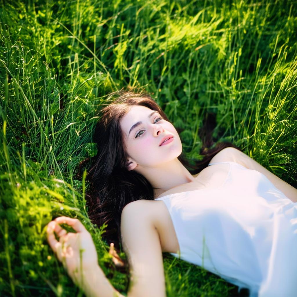 beautiful scenery, a young woman laying on grass