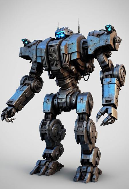A 3D model, battle-worn mech robot made of iron designed for a futuristic combat game. The mech should have heavy armor plating, with visible hydraulic joints and glowing power cores. Include weapons mounted on its arms, such as missile launchers and a plasma cannon. The design should showcase mechanical details, rust, and dents to emphasize its use in combat, with glowing blue lights indicating its power source.