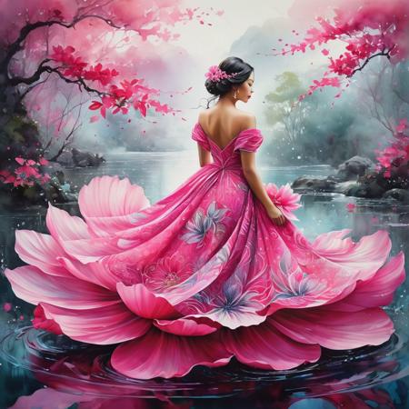 An intricate artwork of a female figure adorned with a large, vibrant pink flower. The figure wears a dress that seamlessly blends with the natural elements, with swirling patterns resembling leaves and water. The background is a soft, watercolor-like hue, with subtle splatters and bubbles, adding to the ethereal ambiance. The entire composition exudes a sense of harmony between nature and humanity., dark fantasy, vibrant, painting, photo
