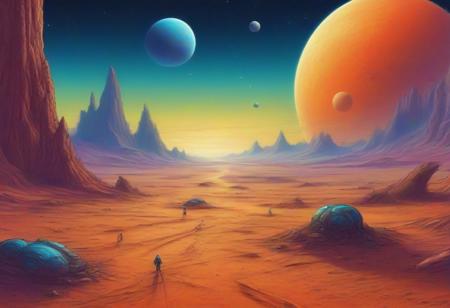 space exploration, alien planet, landing, drawing in Klaus Burgle style, colorful
