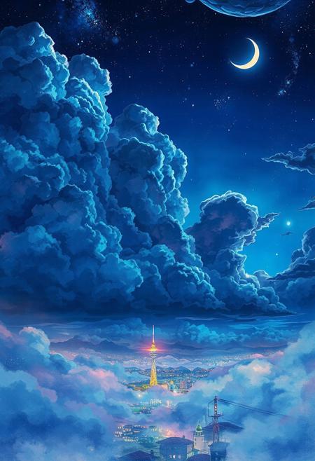 Highly detailed anime-style vertical night sky scene, 9:16 aspect ratio, 4K resolution. Painted in the aesthetic of Makoto Shinkai and Studio Ghibli. Towering, stylized cumulonimbus and cirrus clouds in dramatic deep blues, purples, and star-lit blacks. Fine anime cel-shading with vibrant watercolor blends. Layers of volumetric mist and glowing haze drift between the clouds. A glowing crescent moon partially hidden behind upper cloud banks. Below, a magical anime cityscape sparkles through the mist—colorful rooftops, glowing windows, tall towers rising above the fog, and distant train lights. Crisp anime line art, rich color contrast, sharp outlines, twinkling stars, cinematic lighting, and a dreamlike, emotional atmosphere. Ultra-sharp, clean anime render, inspired by “Your Name” and “Weathering with You”.
