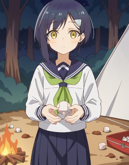 chiharu tsubameya, short hair, hair ornament, blue hair, yellow eyes, hairclip, shirt, long sleeves, school uniform, serafuku, sailor collar, neckerchief, blue sailor collar, skirt, pleated skirt, blue skirt, green neckerchief,