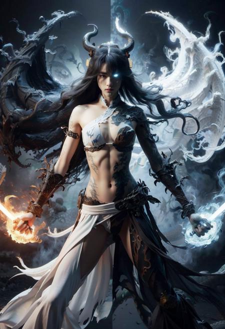 white sword, black sword, glowing weapon, dual wielding, yin yang, keleton,moster,ghost,horn, hell, fighting stance, dual wielding, dragon, fire,
wabstyle, glowing, two-tone hair, (1girl:1.3,nude:1.4, topless:1.3), large breasts, long hair, sexy, solo, (photorealistic:1.4), cowboy shot, motion blur, looking at viewer, <lora:wabstyle:0.7>