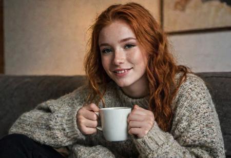 photorealism, RAW, (18-year-old red-haired girl:1,2), dark room, makeup, graphic eyeliner, blush, realistic skin texture, huge oversize bardic sweater, warm lighting, cozy atmosphere, happy face, with a cup of coffee, a little steam from coffee, sitting on a fluffy sofa with bent legs and a sweater on on top of her legs, her feet in warm socks protrude from under her sweater and stand on the couch, hugged her knees with her hands, muted lighting tones, late evening, light from a floor lamp, a very fluffy red-white cat sleeps behind this girl on the back of the sofa, improved rendering of facial features, post-processing,  uhd, high quality, dramatic, cinematic, vibrant colors, high contrast, (natural skin texture, hyperrealism, soft light, sharp)