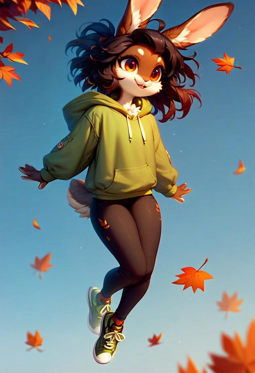 core_9, score_8_up, score_7_up, score_6_up, score_5_up, (flat colored: 1.2), fluffy body, (2d style:0.8), anthro rabbit girl, cute,, ultra-detailed, autumn background,  furry, anthro, female, green hoodie, pants, sneakers , dark hair, top view