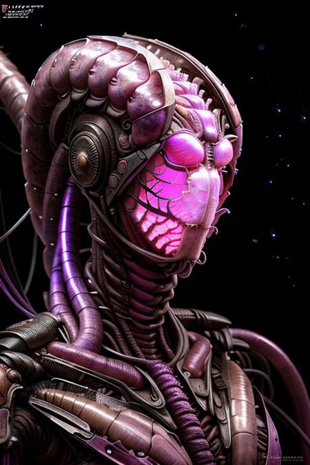 portrait of pearl Caterpillar female person (long neck, slender arms)) massive headdress, bio armour, (luminesce purple hues glowing) floating particles, insect textures, scifi,