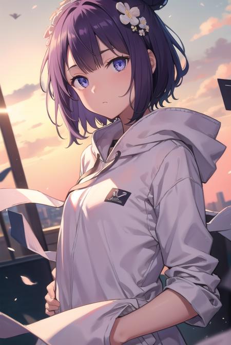 hokusaitest, <lora:hokusaitest:1>, short hair, bangs, hair ornament, (purple eyes:1.1), purple hair, flower, hair flower, hood, hair bun, single hair bun, white flower,
BREAK long sleeves, jacket, pants, hood, official alternate costume, hoodie, black pants, hood down, casual, hooded jacket, white hoodie,
BREAK outdoors, city,
BREAK looking at viewer, BREAK <lora:GoodHands-vanilla:1>, (masterpiece:1.2), best quality, high resolution, unity 8k wallpaper, (illustration:0.8), (beautiful detailed eyes:1.6), extremely detailed face, perfect lighting, extremely detailed CG, (perfect hands, perfect anatomy),