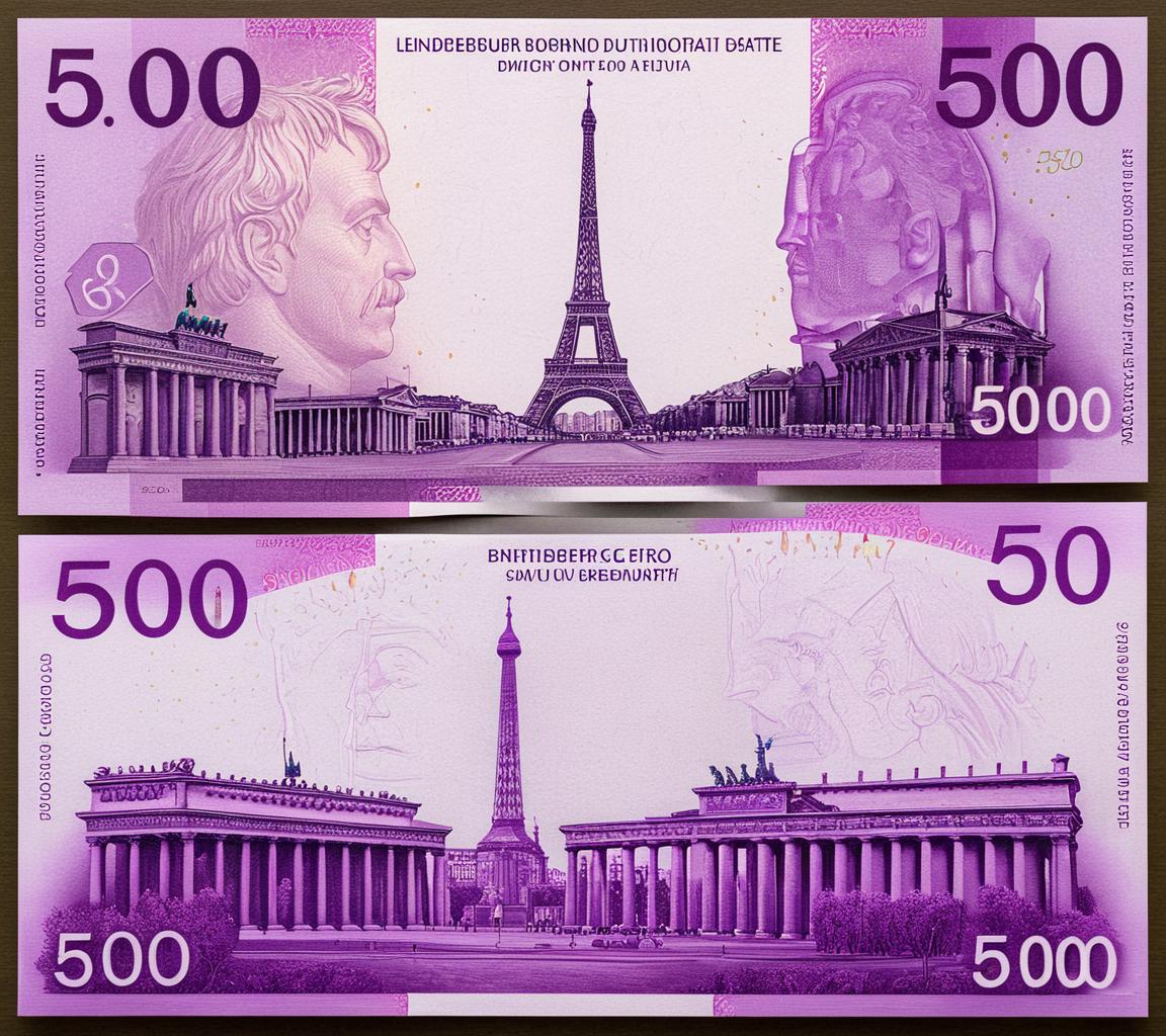 <lora:m0n3y_03XL-000010:1.0>,m0n3y style, a front and back side view, of a 500 euro denomination, with etched portrait of Eiffel Tower on the front, with the word '500' on the corners, while on the backside a drawing of (Brandenburg Gate), mauve and purple ink artwork, words '500 EURO' at the top, ornate design, intricately detailed, close-up view, realistic, hyperrealism,