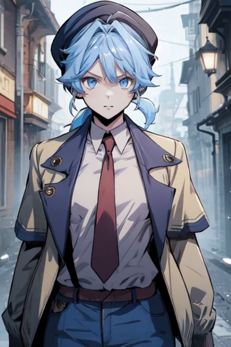 CaseySelmoy, 1girl, short hair, blue eyes, blonde hair, shirt, hat, light blue hair, jacket, white shirt, necktie,  collared shirt, blue pants, coat, low ponytail,